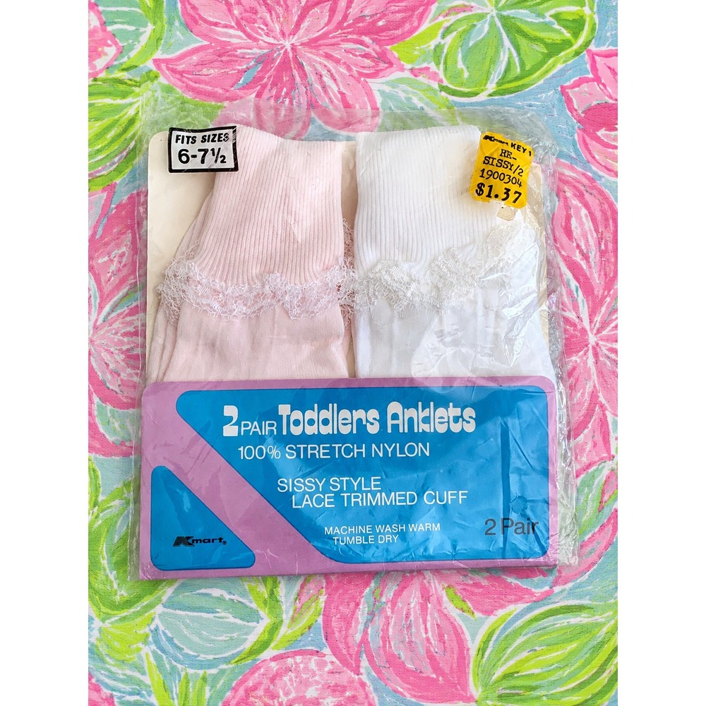 Vintage Kmart Toddler Lace Trim Anklet Socks 2 Pair Pink White NOS Sissy Style